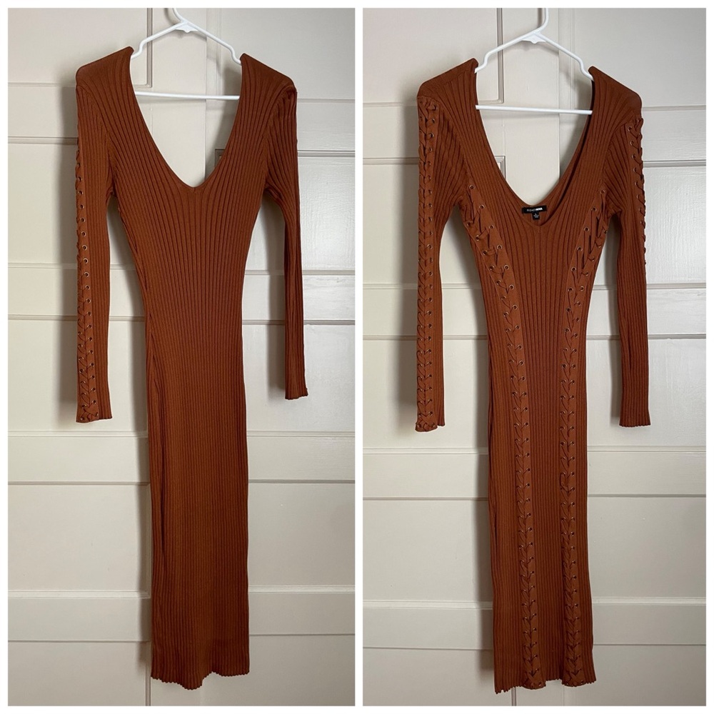 Long Sleeve Ribbed Knit Lace Up Midi Dress